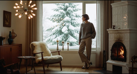 Woman standing by the window in the living room at home and looking out the windowの素材