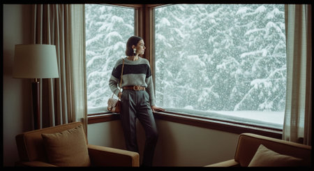 Young woman standing near the window and looking at the winter landscape.の素材