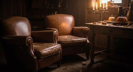 Interior of a dark room with antique armchairs and pumpkinsの素材