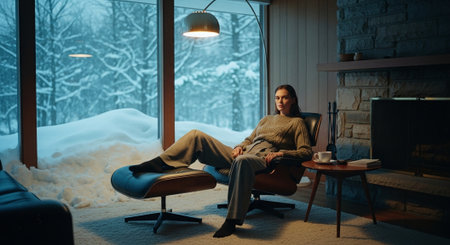 Man sitting in armchair in front of fireplace at home in winterの素材