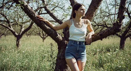 Portrait of beautiful young woman in the apple orchard. Summer time.の素材