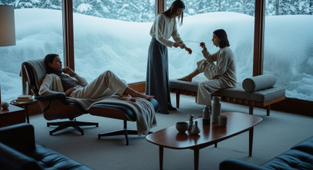 Beautiful young woman in bathrobe relaxing in spa salon during winter vacation.の素材