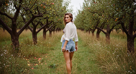 Beautiful young woman in apple orchard. Attractive girl in white shirt and denim shorts.の素材