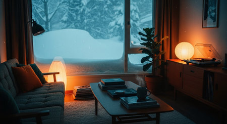 Interior of a cozy living room in the mountains at night.の素材