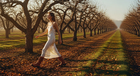 Beautiful young woman in white dress walking in apple orchard.の素材