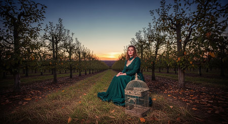Beautiful woman in green dress in the apple orchard at sunsetの素材