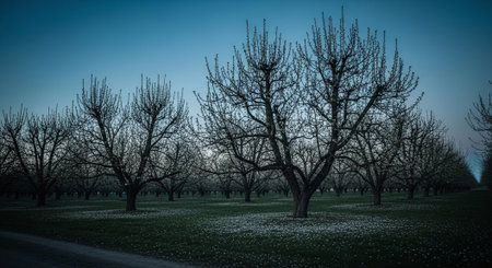 Almond trees in a misty park in the early spring.の素材