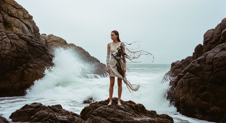 Beautiful young woman in a long dress on the rocks near the oceanの素材
