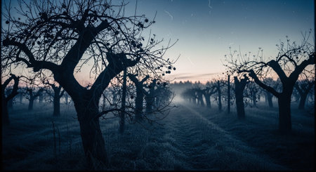 Foggy apple orchard at sunset. Vintage style toned pictureの素材