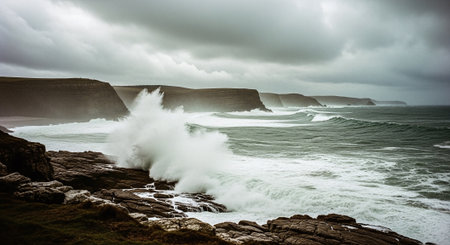Stormy Atlantic Ocean waves crashing onto the cliffs of Cliffs of Moher, Irelandの素材