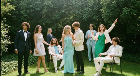 Wedding day. Group of happy young people in the park.の素材