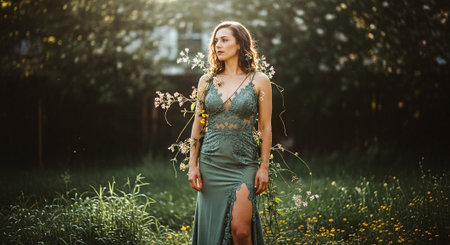 Beautiful young woman in green dress with wildflowers in the gardenの素材