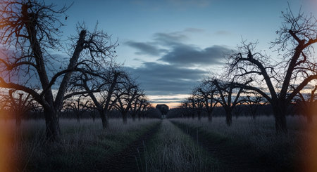 Sunset in the field with dry trees in the foreground and blue skyの素材