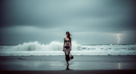 Beautiful woman standing on the beach and looking at the stormy seaの素材