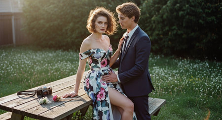 Portrait of a beautiful pregnant couple sitting on a bench in the park.の素材