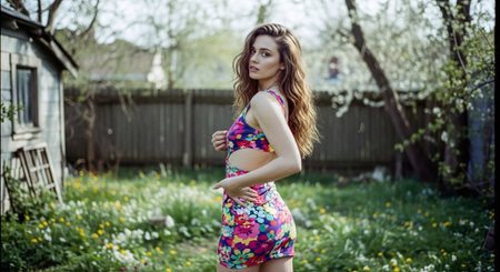 Beautiful young pregnant woman in the spring garden. Pregnancy concept.の素材