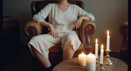 Young beautiful woman sitting in armchair with candles in the room.の素材