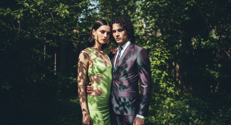 Beautiful young couple in love walking in the park. Fashion shot.の素材