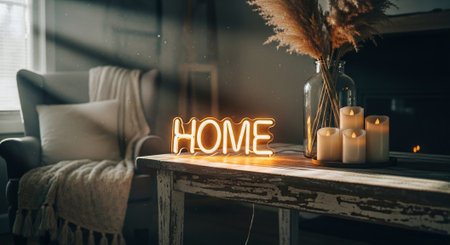 The word home written on a wooden table with candles and pampas grassの素材
