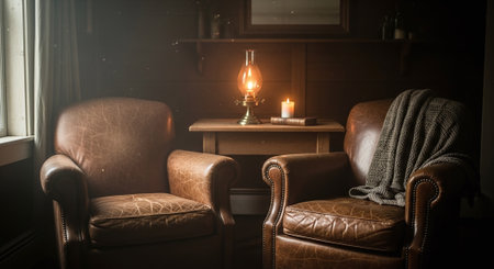 Interior of a hotel room with armchairs, candles and plaidの素材