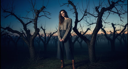 Beautiful young woman in a vineyard at sunset. Halloween theme.の素材