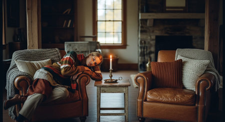 Cute little boy sitting in armchair and holding burning candle at homeの素材