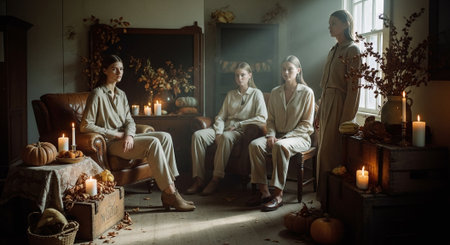 Portrait of three beautiful women in pajamas sitting in a room with candlesの素材