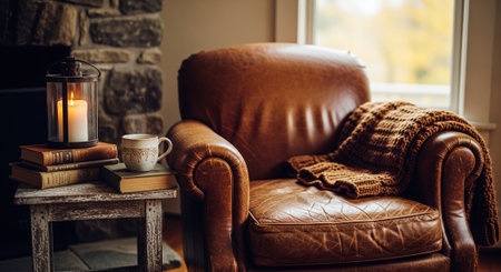 Cozy living room with armchair, coffee cup, plaid and candlesの素材