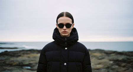 Portrait of a young woman in a black jacket and sunglasses on the background of the sea.の素材