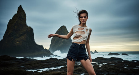 Beautiful young woman in jeans shorts and white T-shirt posing on the beachの素材