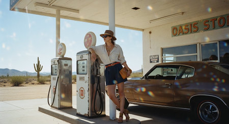 Sexy woman in a hat and sunglasses standing next to an old car at a gas stationの素材