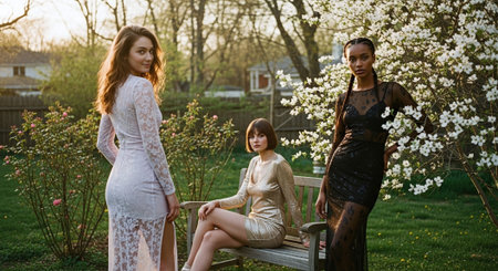 Three beautiful young women in white dresses posing on a bench in the park.の素材