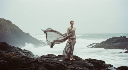 Beautiful young woman in long dress with flying fabric on the beachの素材