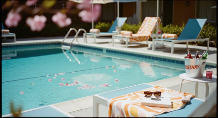 swimming pool with sun loungers and umbrellas in summerの素材