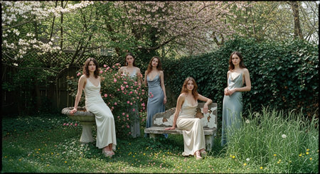 Three beautiful young women sitting on a bench in the garden with flowersの素材
