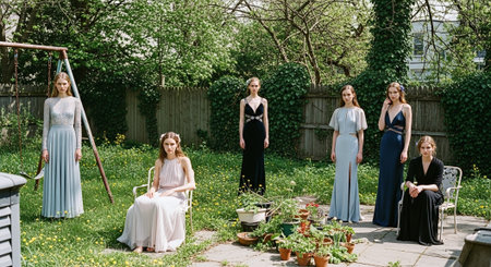 Beautiful bridesmaids in elegant dresses posing in the gardenの素材