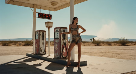 A beautiful brunette model poses with a vintage gas station in the desertの素材