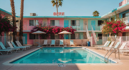 Luxury hotel swimming pool with sunbeds and umbrellasの素材