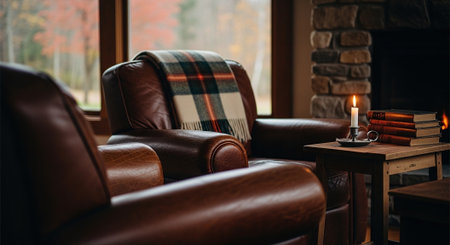 Cozy living room with fireplace, comfortable armchairs, candles, books and plaid.の素材