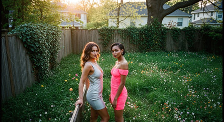 Two beautiful young women standing in the garden with a wooden fence.の素材