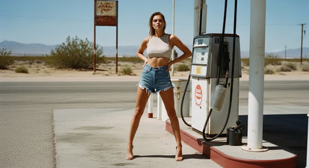 Sexy woman in denim shorts and white top posing at a gas stationの素材