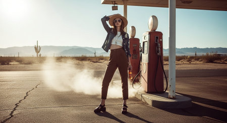 A beautiful woman is posing with a gas station in the desert.の素材