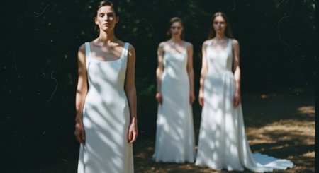 bridesmaids in white wedding dresses walking in the park.の素材
