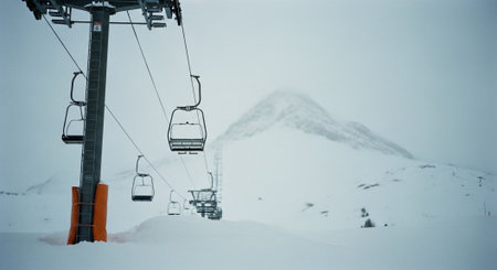 Ski lift on the background of snow-capped mountains.の素材