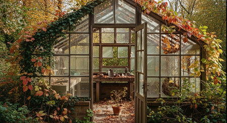 Autumn in a greenhouse. Autumn leaves and plants in the gardenの素材