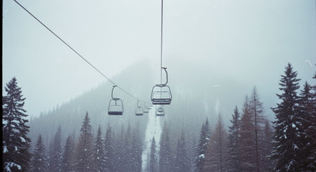 Ski lift in the mountains in the winter. Snowfall.の素材