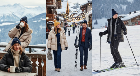 Collage of people having fun on the ski resort in winter.の素材