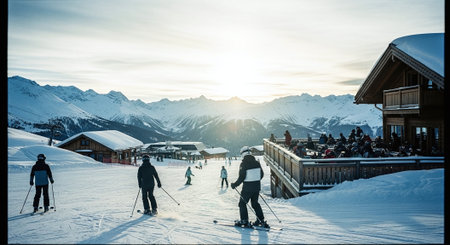 Group of skiers on a ski slope in the Swiss Alps.の素材