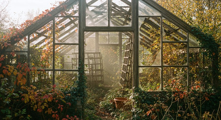 Abandoned greenhouse in the autumn garden. Old abandoned greenhouse.の素材