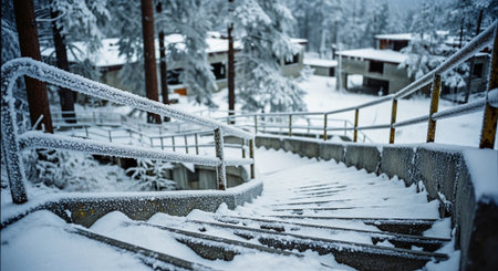 Wooden stairs in the winter forest covered with fresh fallen snow.の素材